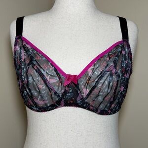 Curvy Kate Kimono Balcony Bra 36H US Black Pink Sheer Underwire
